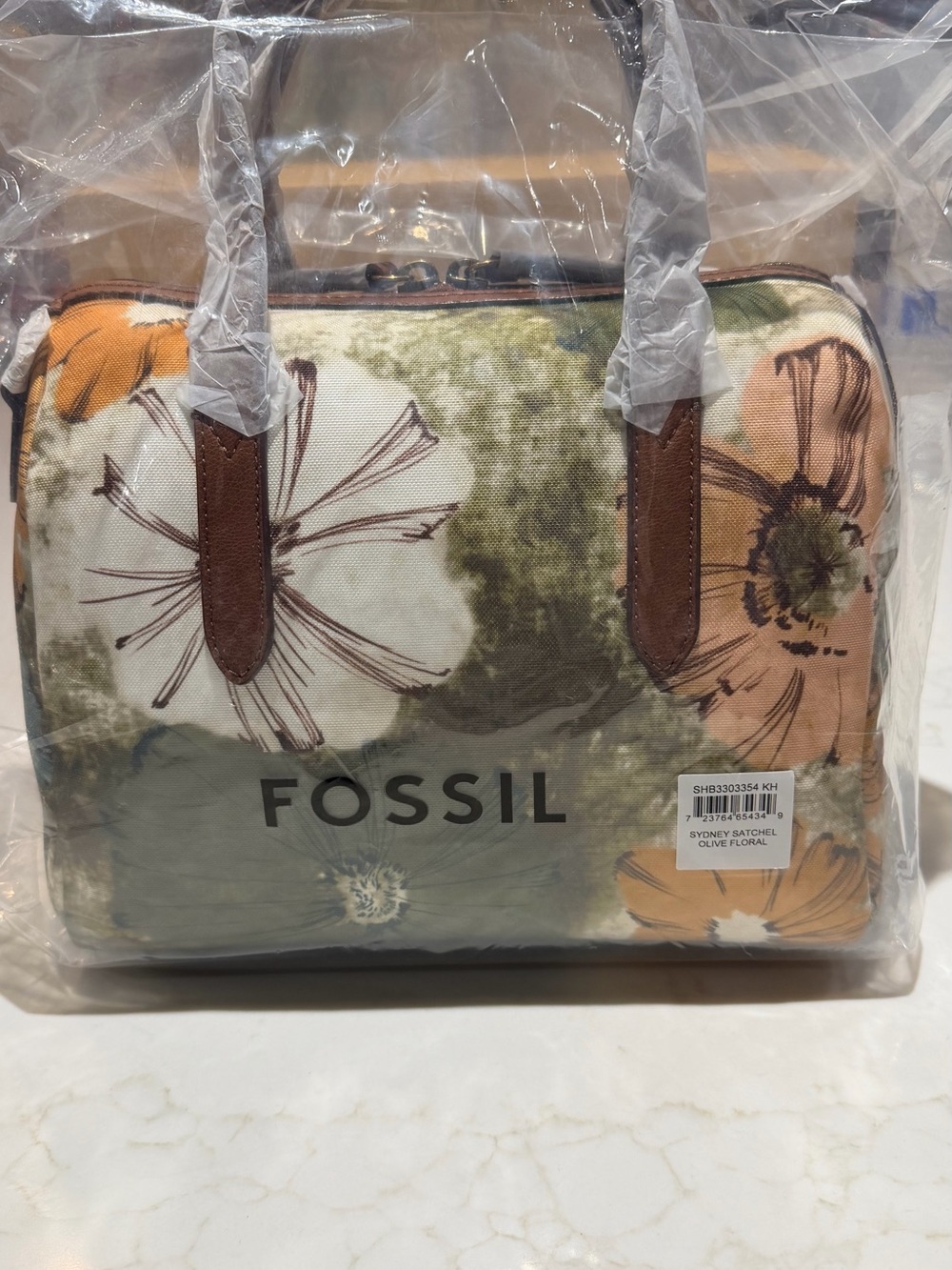 Fossil Olive Floral Satchel with Brown Handles